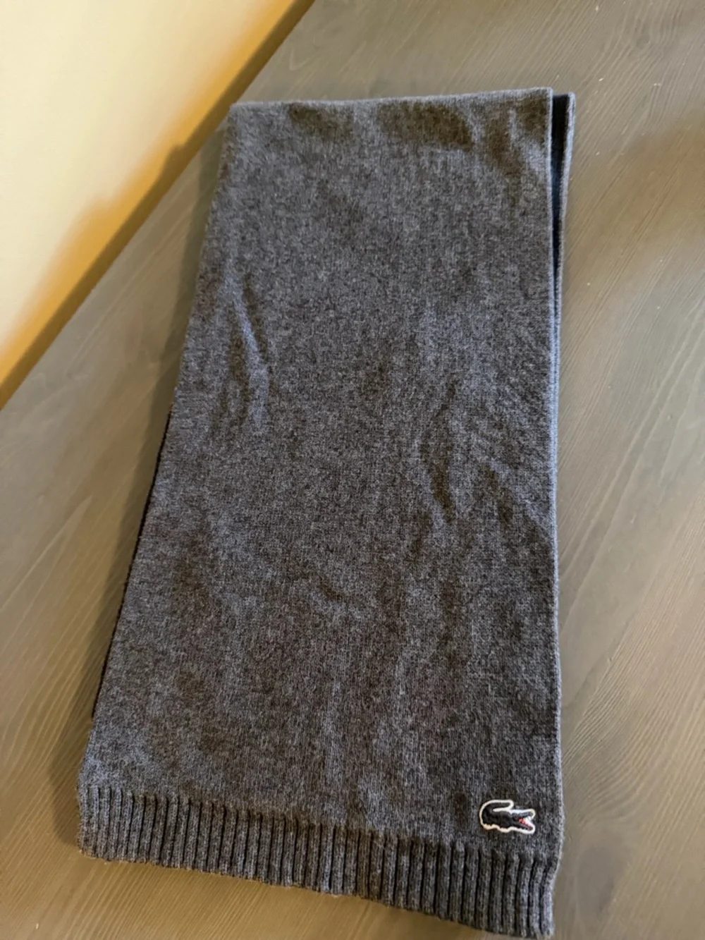Lacoste Charcoal Knit Wool Blend Scarf with Ribbed Edge